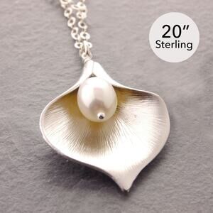 20" Calla Lily Necklace, sterling silver necklace, silver flower necklace, 36